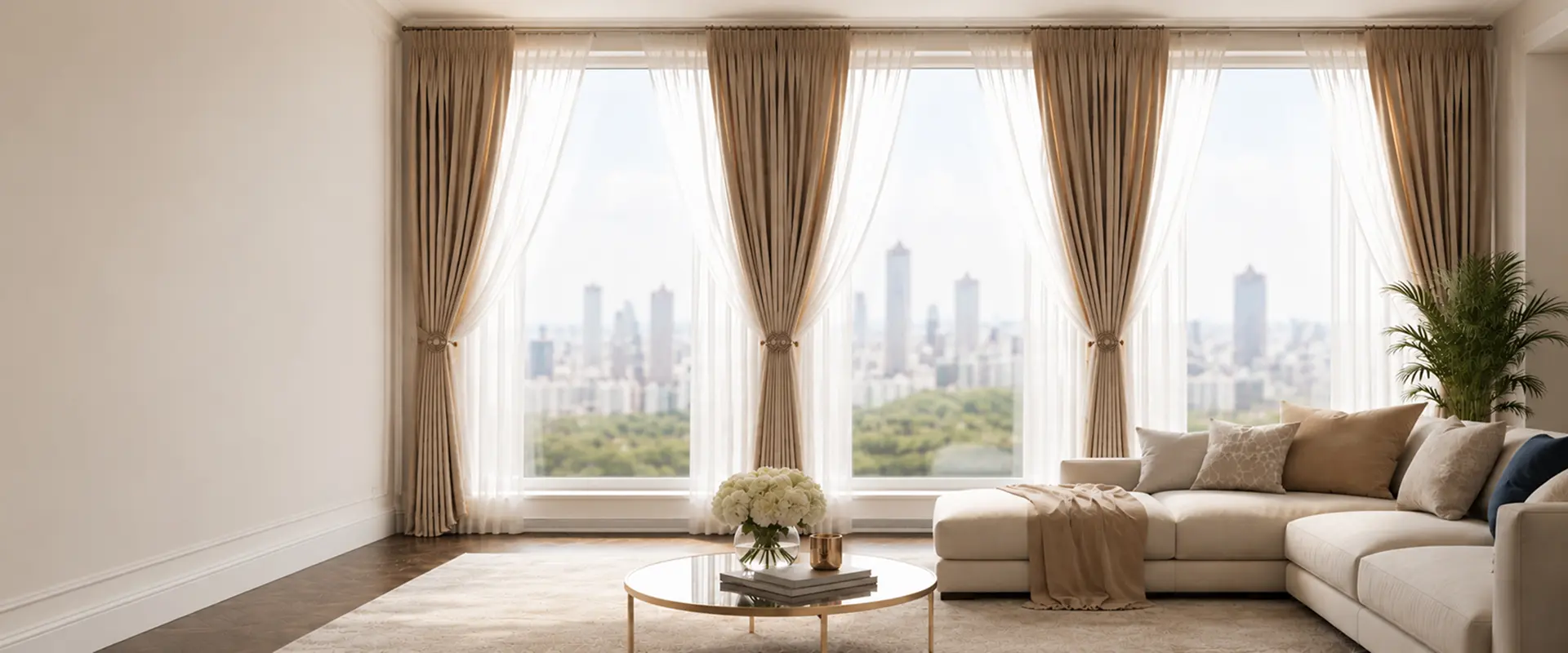 Luxury high-rise apartment living room panorama with large windows showcasing city views framed by custom tailored beige curtains and sheer white tulles.