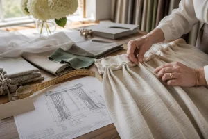 Interior designer hands working with custom linen curtain fabrics, drapery sketches, and a measuring tape on a wooden studio workshop table.