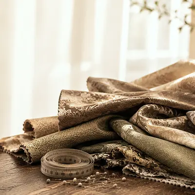 Custom drapery workshop table featuring high-quality luxury fabric samples, a rolled measuring tape, and tailor pins.